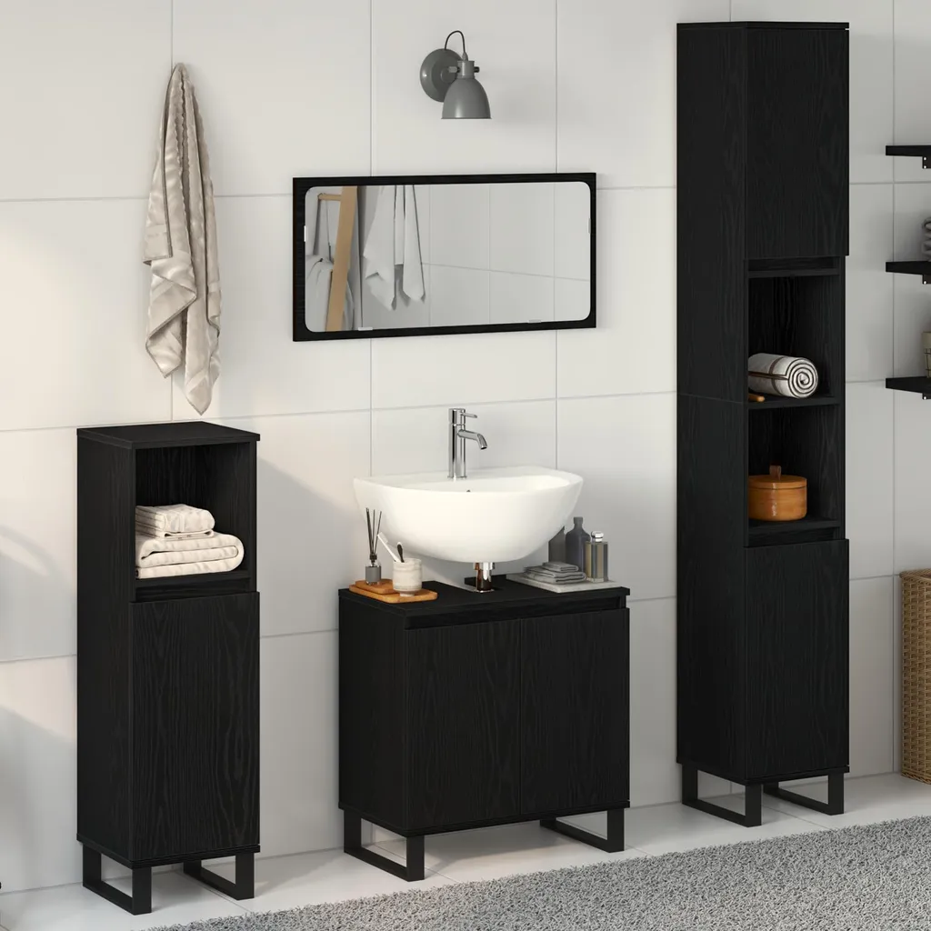 Meuble de salle de bain suspendu complet 3 éléments noir aspect chêne