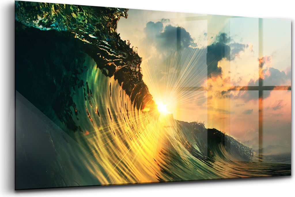 Wandmalerei auf Glas- Wanddekoration aus Glas - 120x60 - Sonnenuntergang Wellen Perspektive