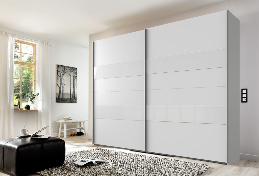 Kleiderschrank "Altona2" aus Spanplatte in Weiß mit 2 Türen und 5 Einlegeböden. Abmessungen (B/H/T) 270x236x65 cm