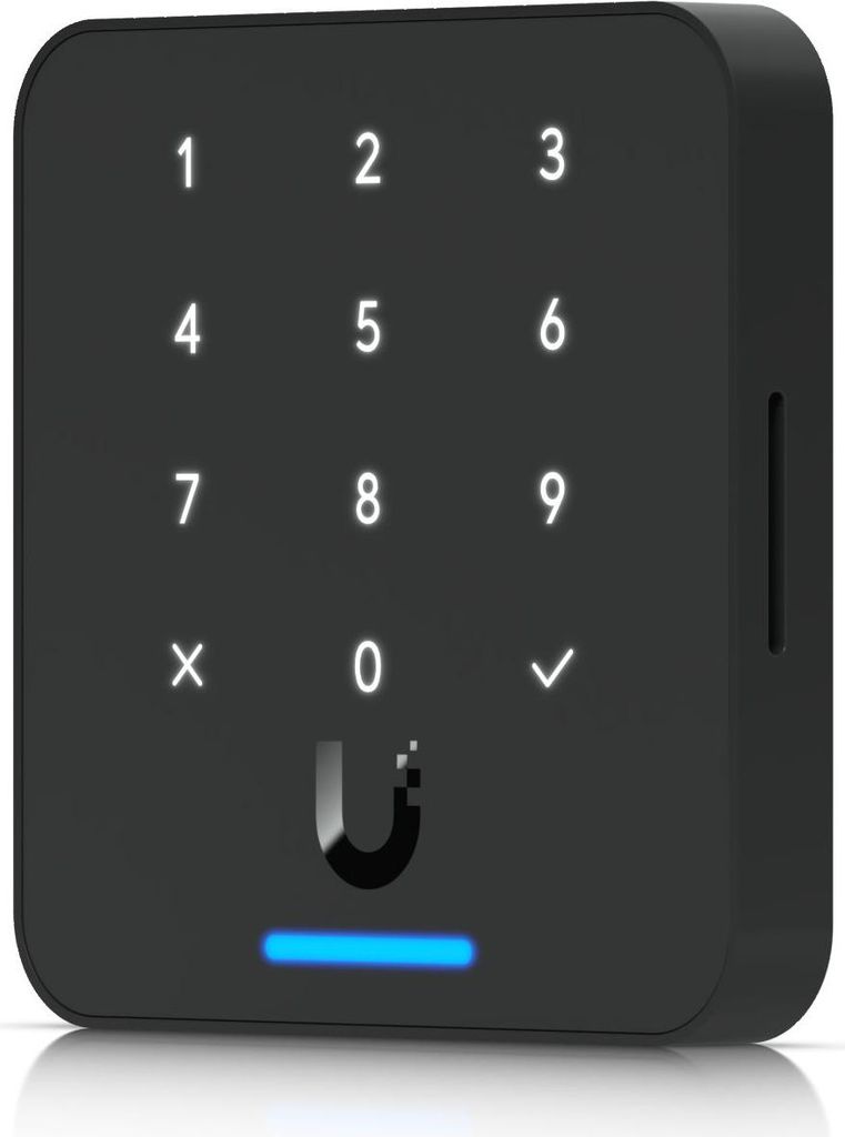 A black Ubiquiti UniFi Access G3 Flex card reader with a keypad and a blue light at the bottom.