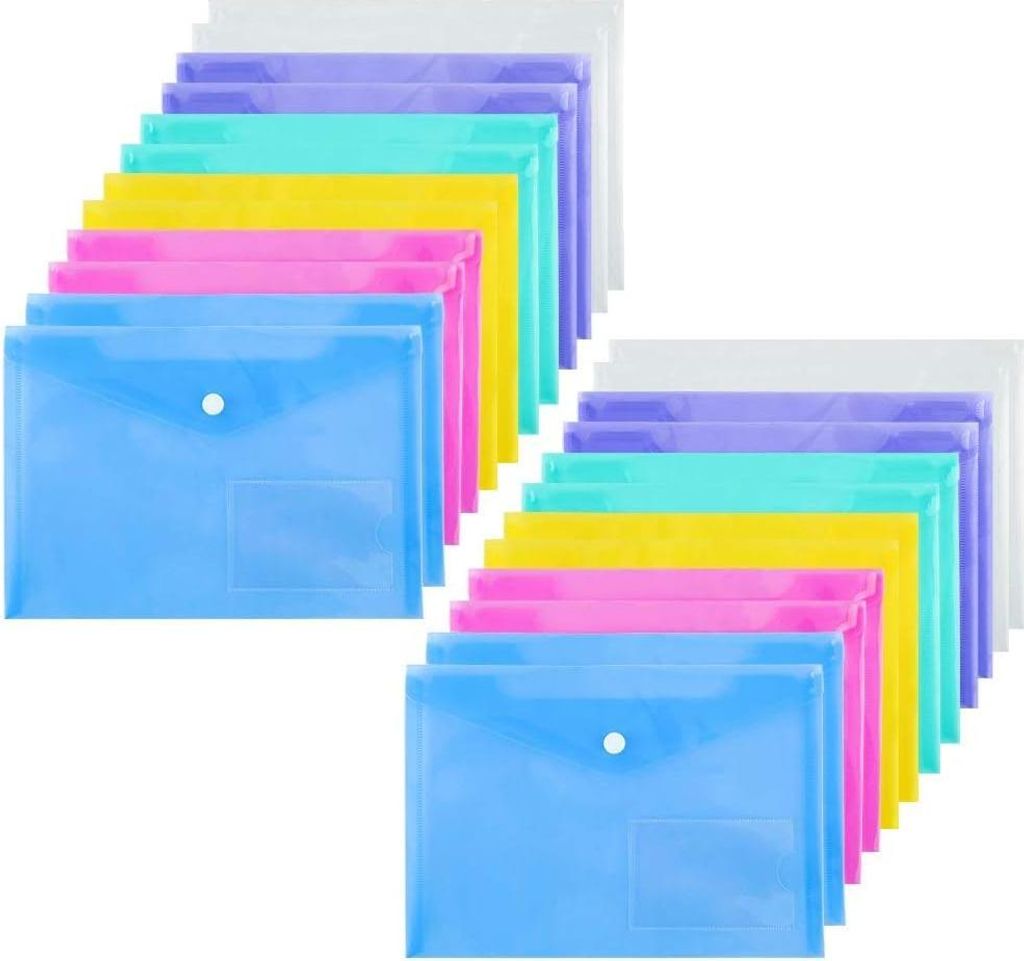 24 Stück Dokumentenmappe A5 Sichttasche Druckknopf Kunststoff Plastikhüllen für Schule Home Office Organisation