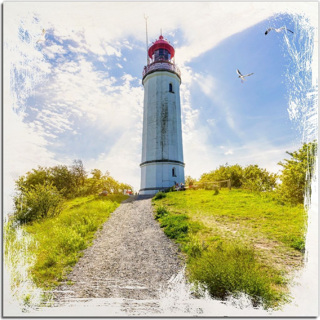 Kunstdrucke Wandbilder Holz in : Brillante Farben, Größe 50 x 50 cm Motiv Leuchtturm auf Hiddensee bei Sonnenschein