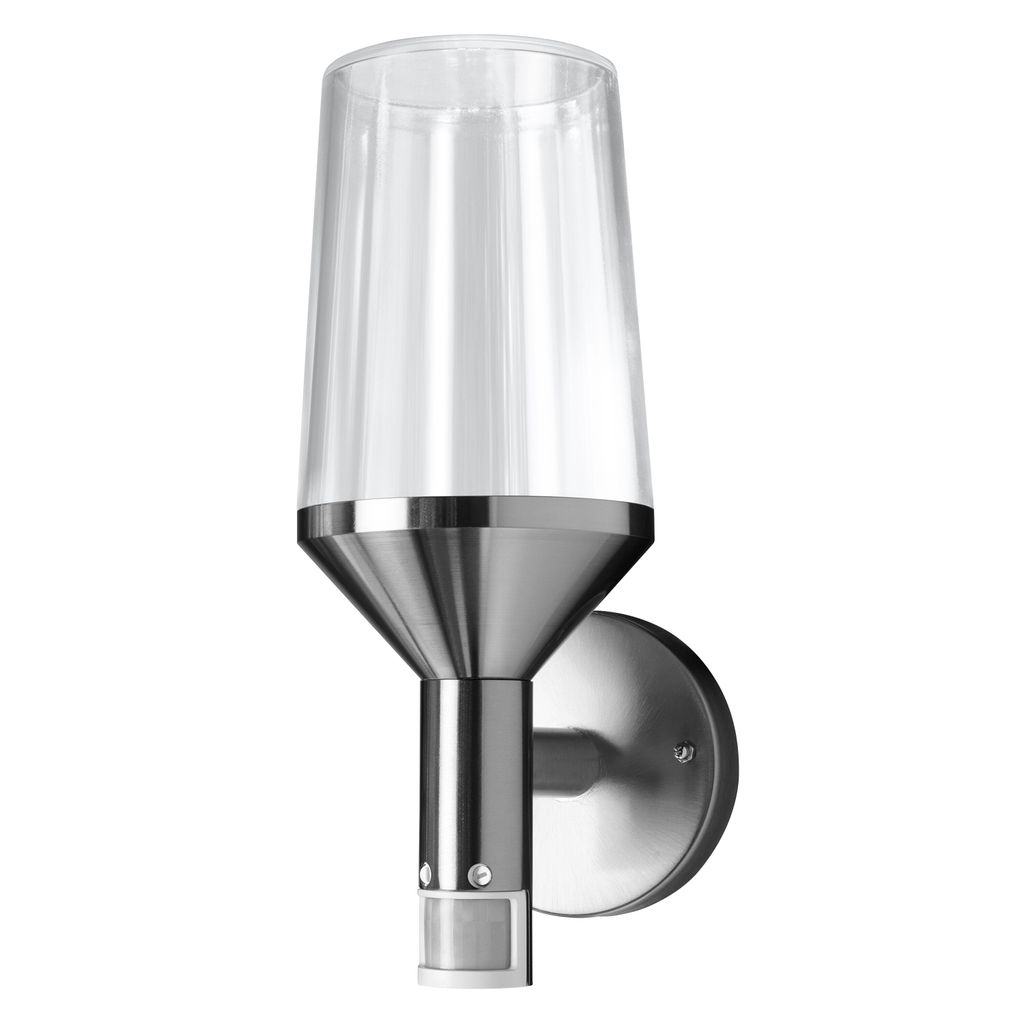A modern outdoor wall light with a clear glass shade and a brushed metal base.