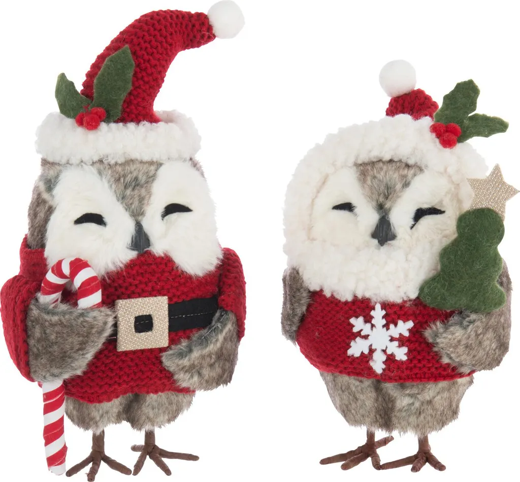 Déco Noël Hibou Incassable Rouge et Marron J-Line - Pack de 2 Sujets