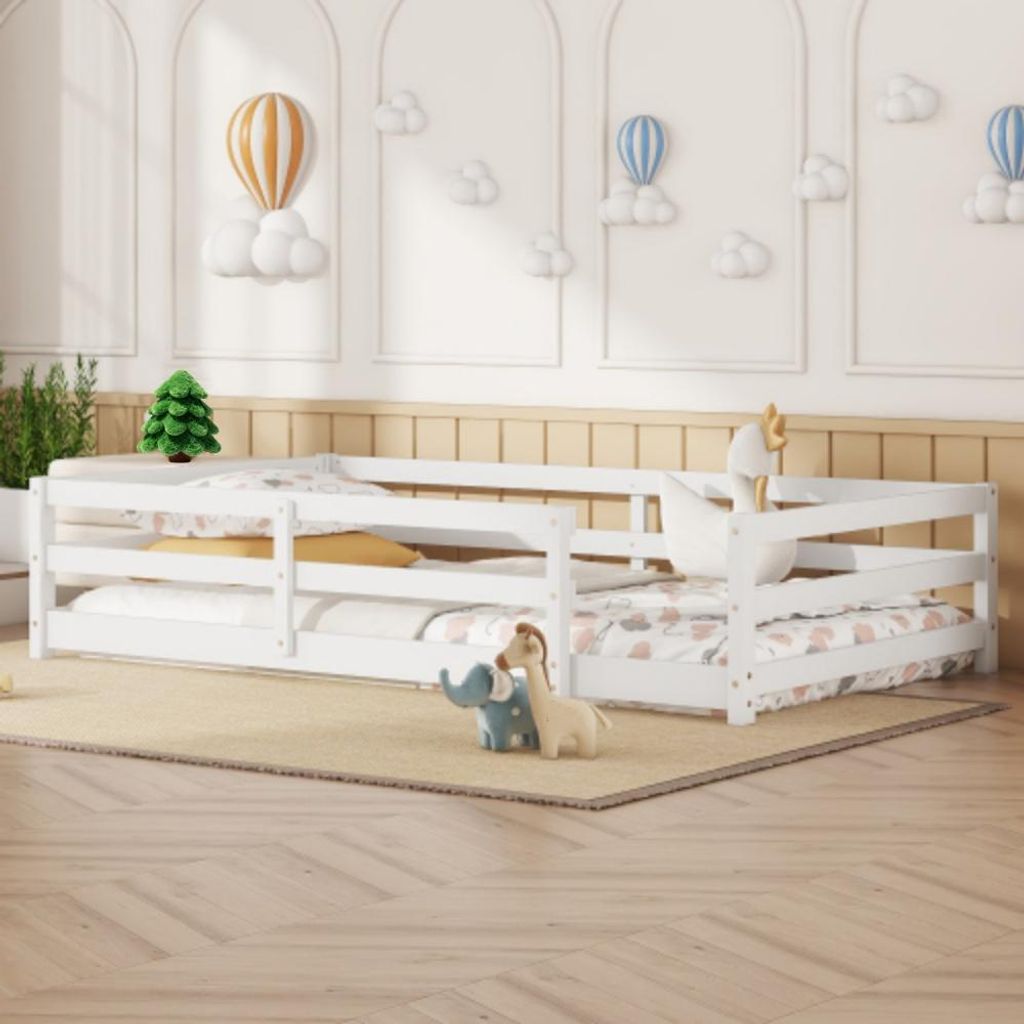 Kinderbett mit 4-Seiten-Gitter, Bett einfach aufzubauen (140x200 cm, weiß)
