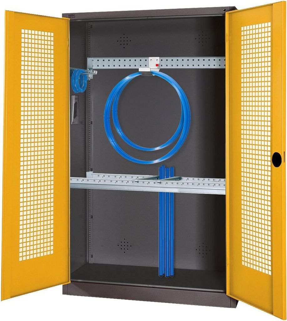 C+P Modul-Sportgeräteschrank "Grundausstattung" mit Lochblech-Flügeltüren, HxBxT 195x120x50 cm, Ergo-Lock Muldengriff, Verkehrsgelb (RAL 1023), ...