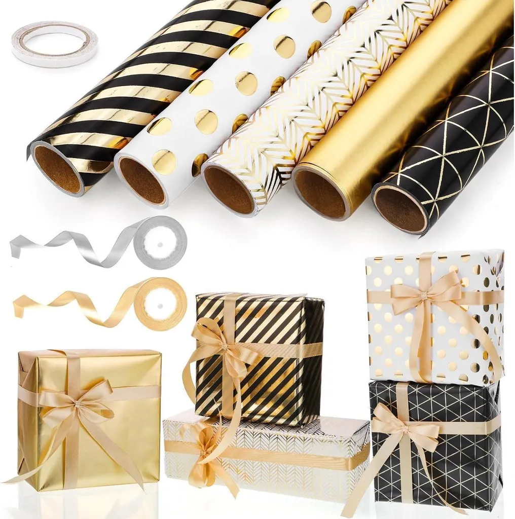 Set de 5 rouleaux papier cadeau noir et or 43cm x 3m avec ruban assorti