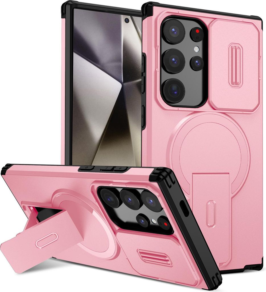 Magnetisch Hülle für Samsung Galaxy S24 Ultra, Dual Layer Stoßfest Handyhülle mit Dia Kameraschutz, Verstellbarem Ständer Pink