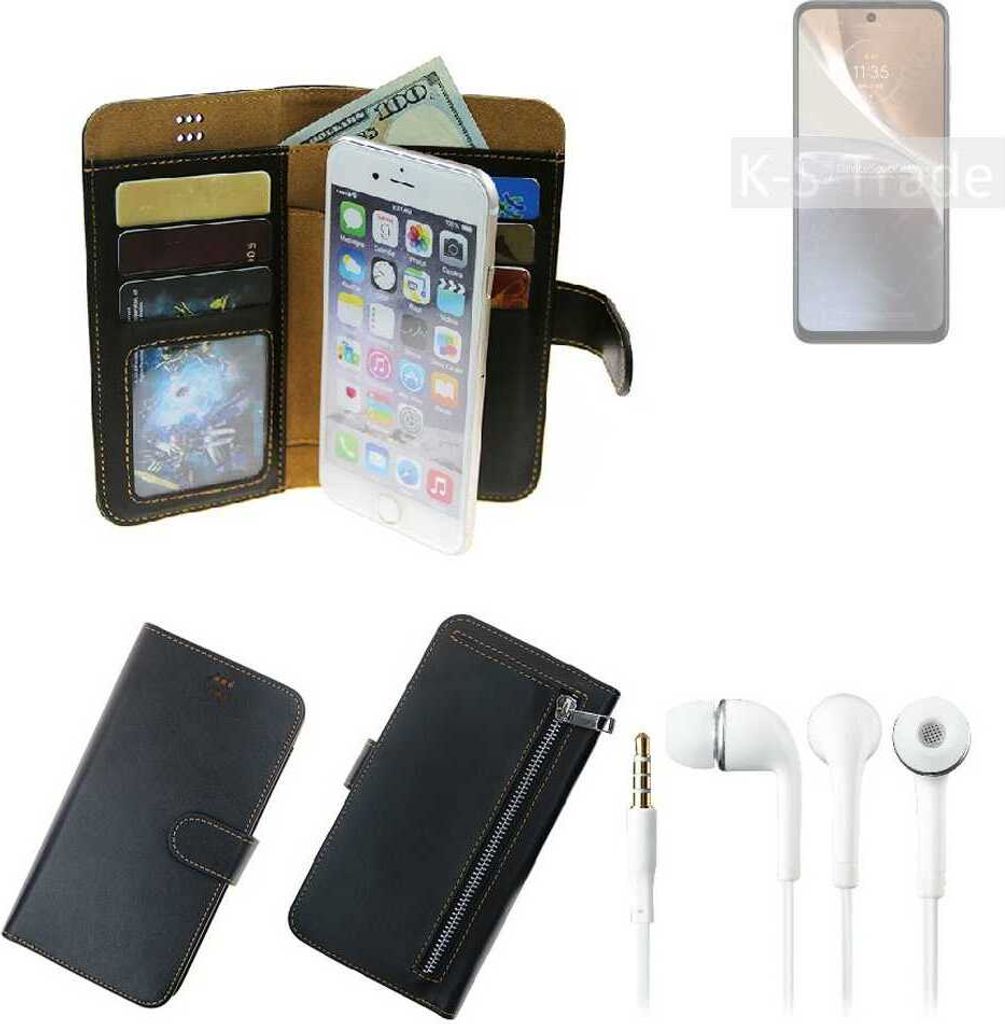 TOP SET Handy Hülle Schutz Hülle kompatibel mit Motorola Moto G32 schwarz aus Kunstleder + Kopfhörer Smartphone Tasche vollwertige Geldbörse
