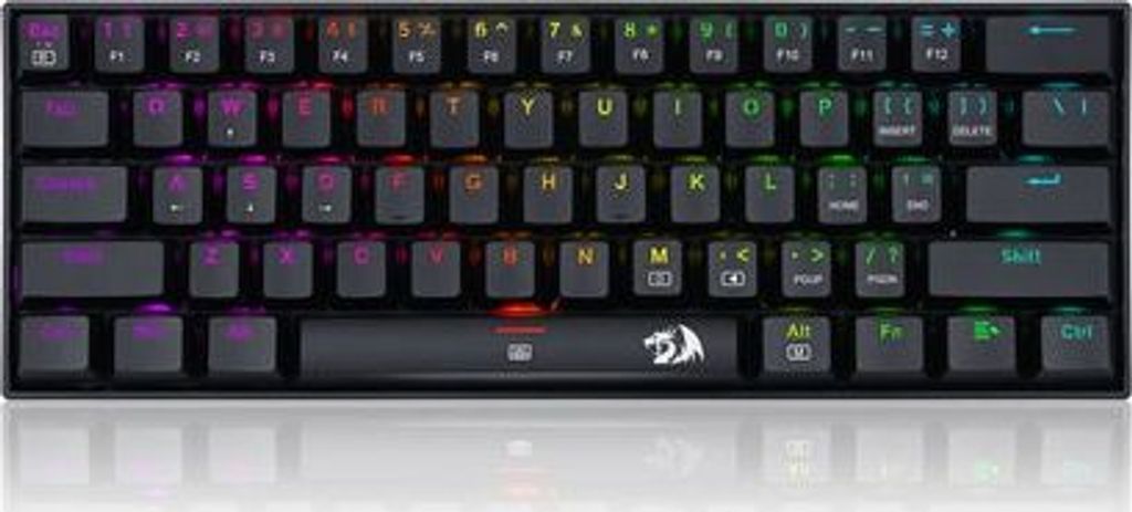 A top-down view of a compact mechanical keyboard with RGB backlighting.