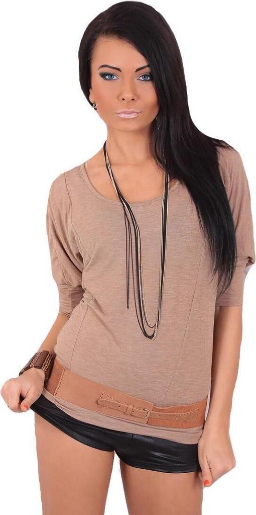 Damen Langarm Bluse Tunika Locker Shirt; Cappucino/S/M