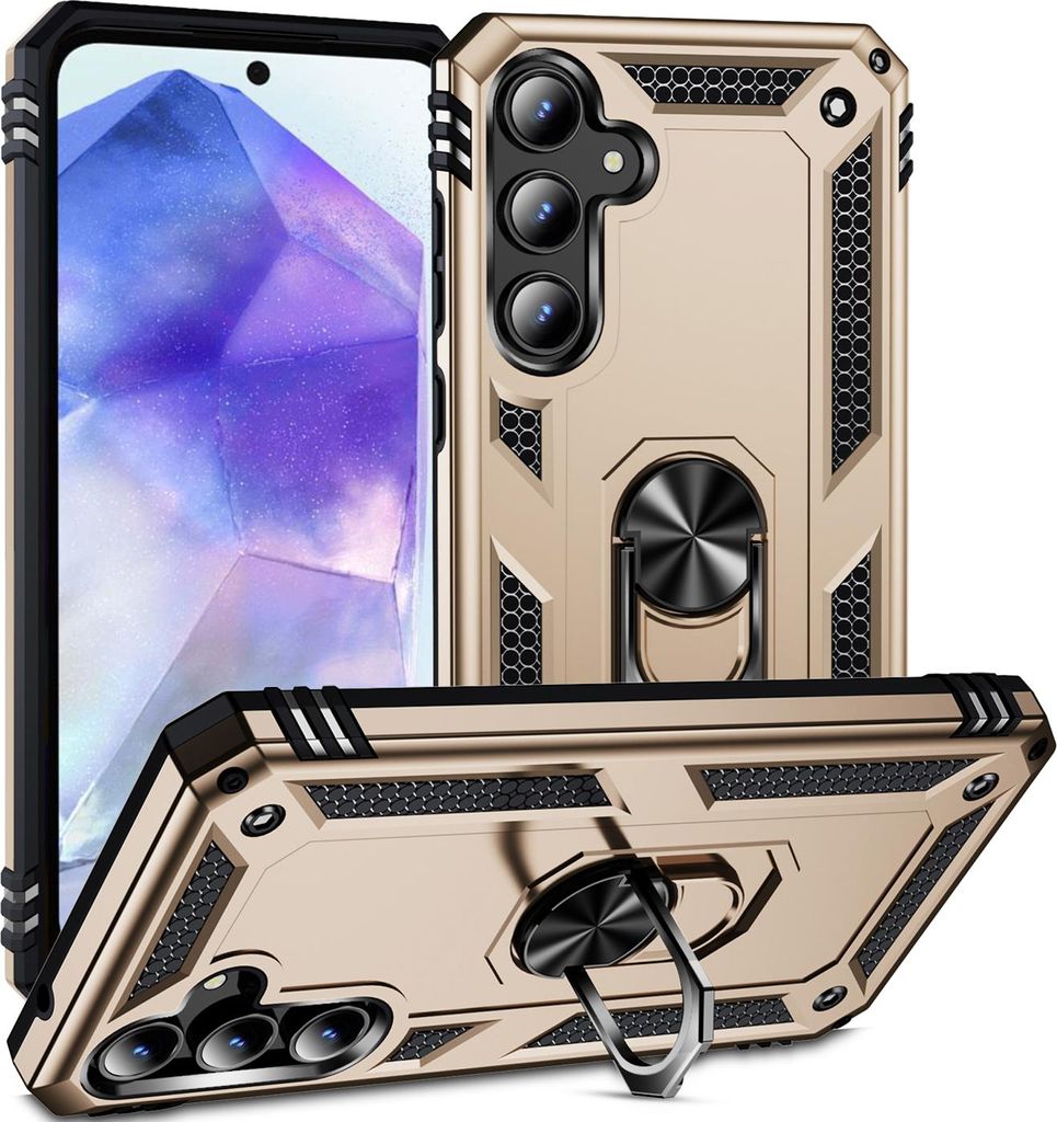 Schutzhülle für Samsung Galaxy A55 Dual Layer Robust Militäre Fallschutz Hülle mit Ringhalterung Ständer Gold