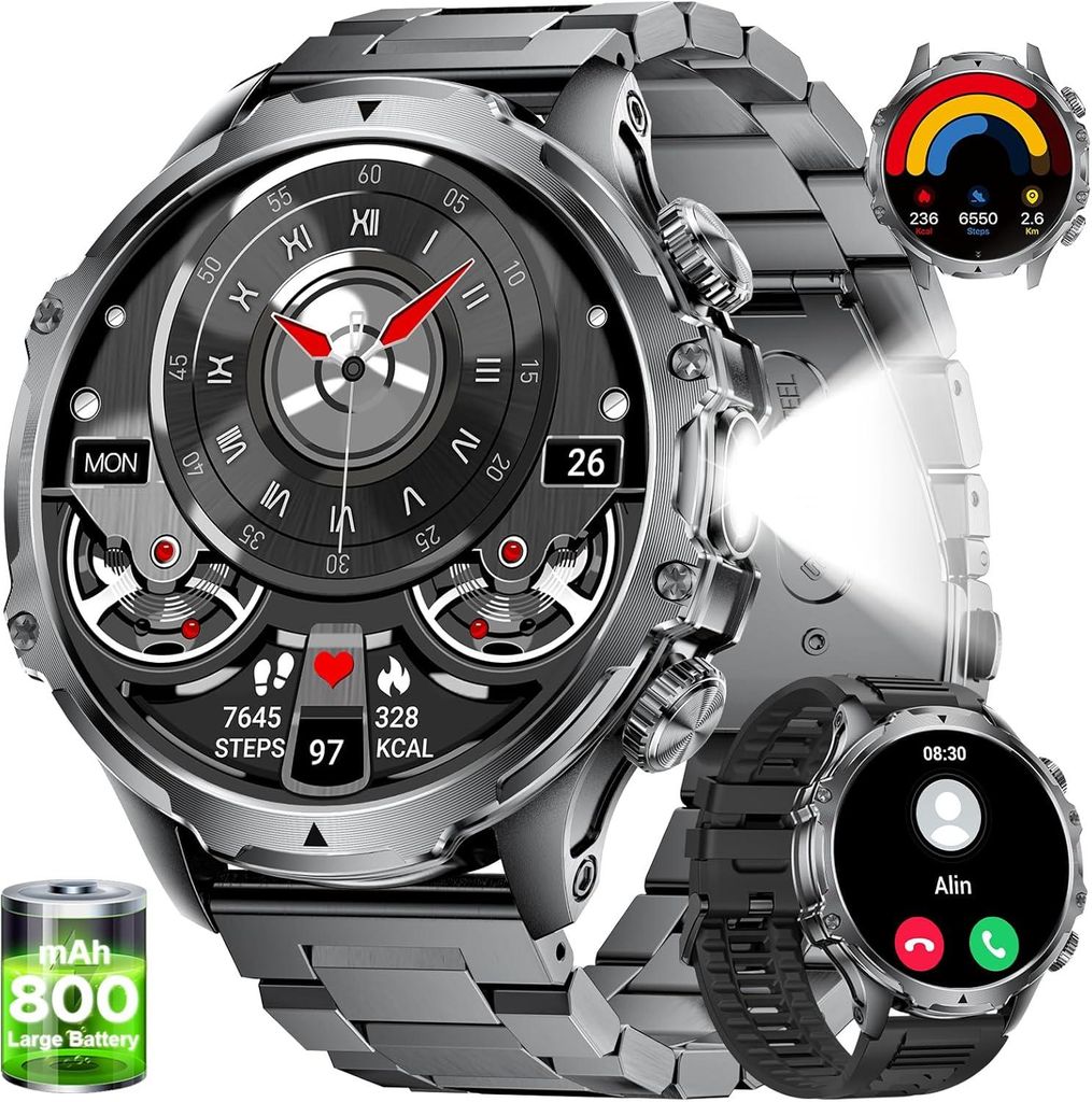 LIGE Smartwatch Herren 1.85'' HD Display 800 mAh Akku LED Taschenlampe Fitnessuhr mit Telefonfunktion 110+ Sportmodi IP68 wasserdicht