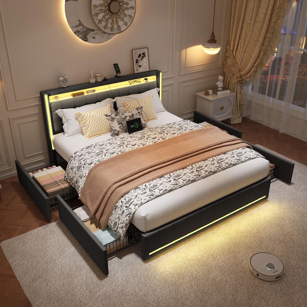 UnboxG Polsterbett 160x200cm mit 4 Schubladen, mit LED-Beleuchtung und Aufladen USB, Doppelbett Stauraumbett mit Lattenrost, Jugendbett mit LED, Ho...