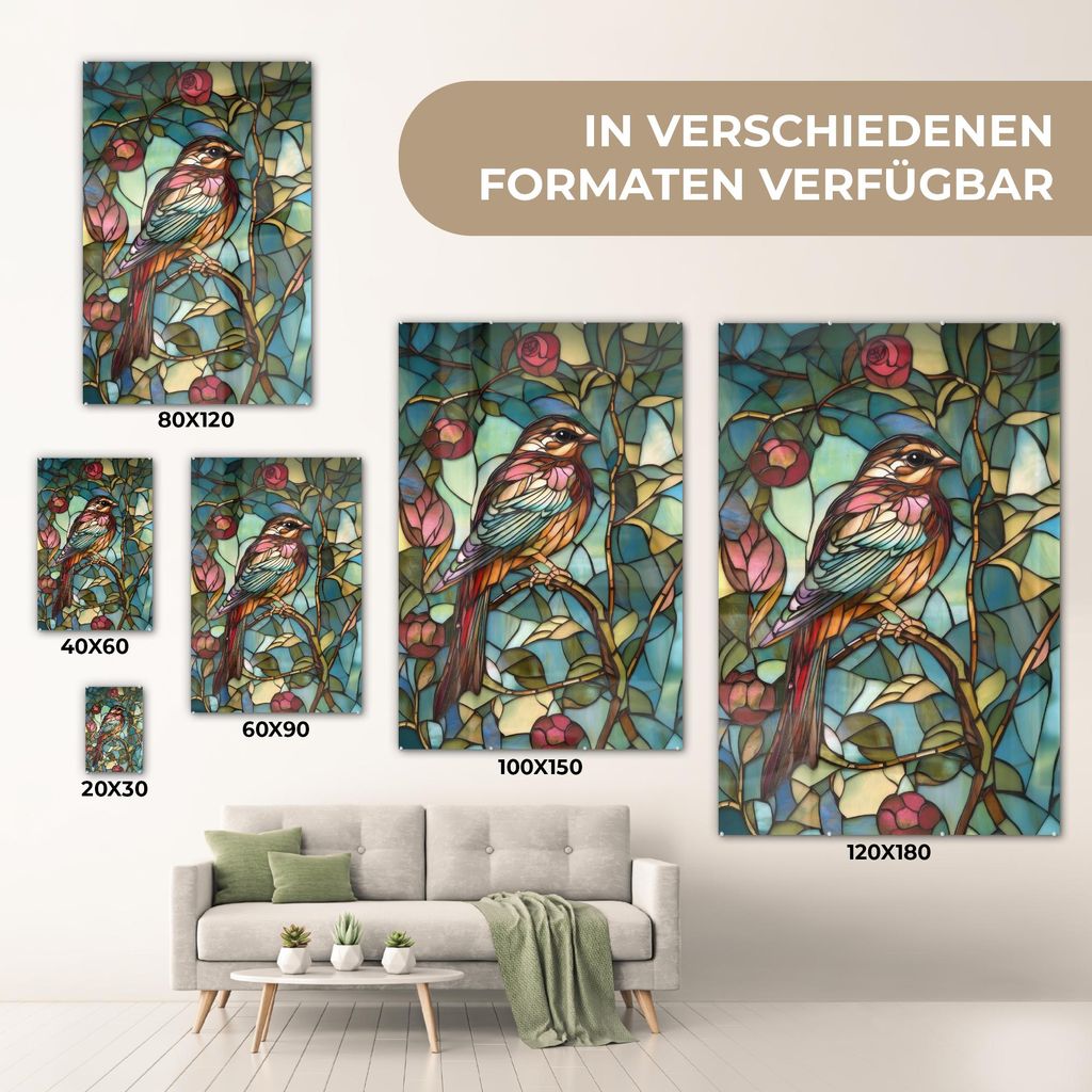 MuchoWow Glasbilder - Bilder auf Wandbild - Foto auf Glas Vogel - Zweig - Rosen - Mosaik 80x120 cm Wanddekoration aus Glas - Acrylglasbild - Acrylb...