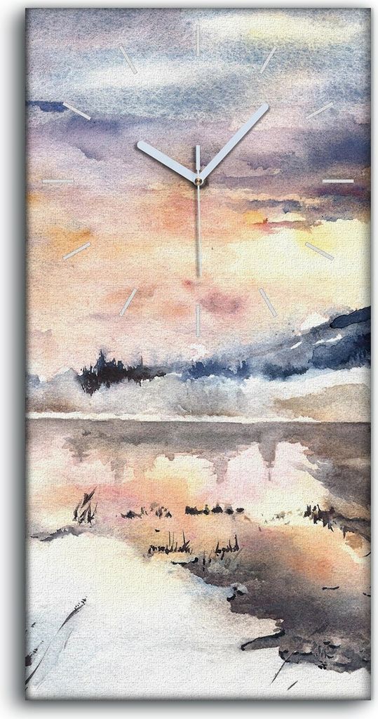 Wanduhr Bürouhr Leinwand Bild 30x60 Winter Landschaft Berge See Schnee - weiße Hände