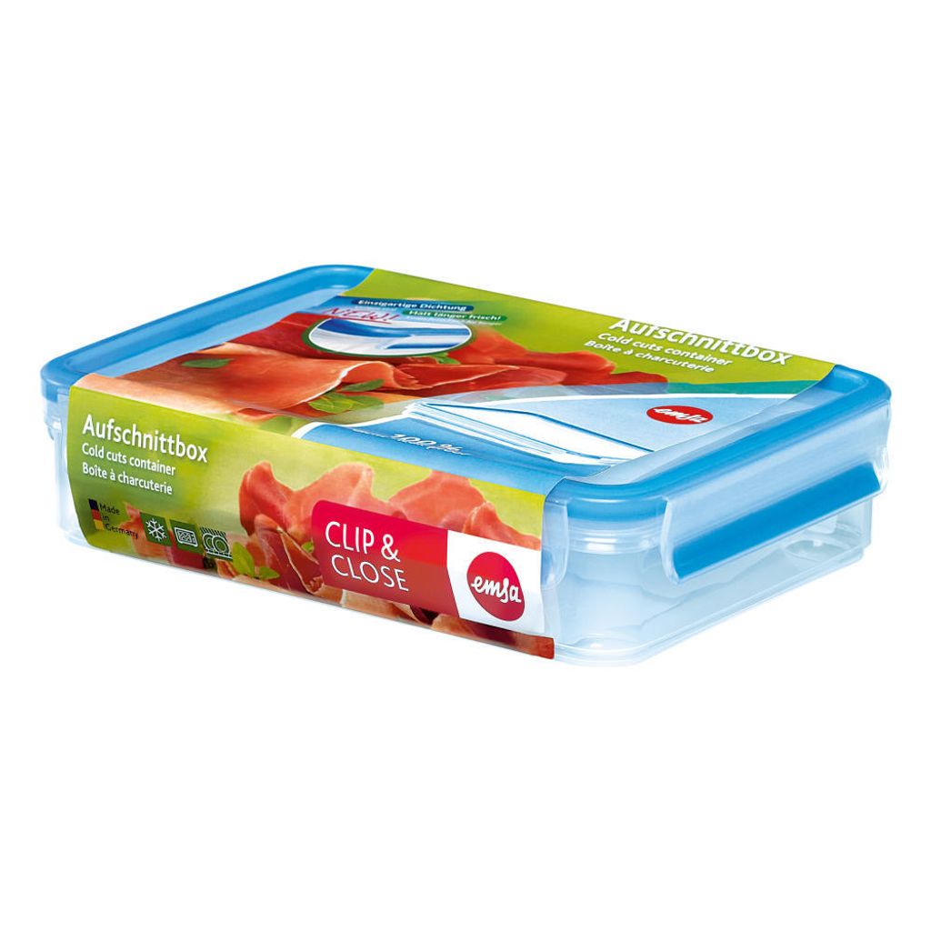 A transparent food storage container with a blue lid, featuring images of sliced ham on its packaging.