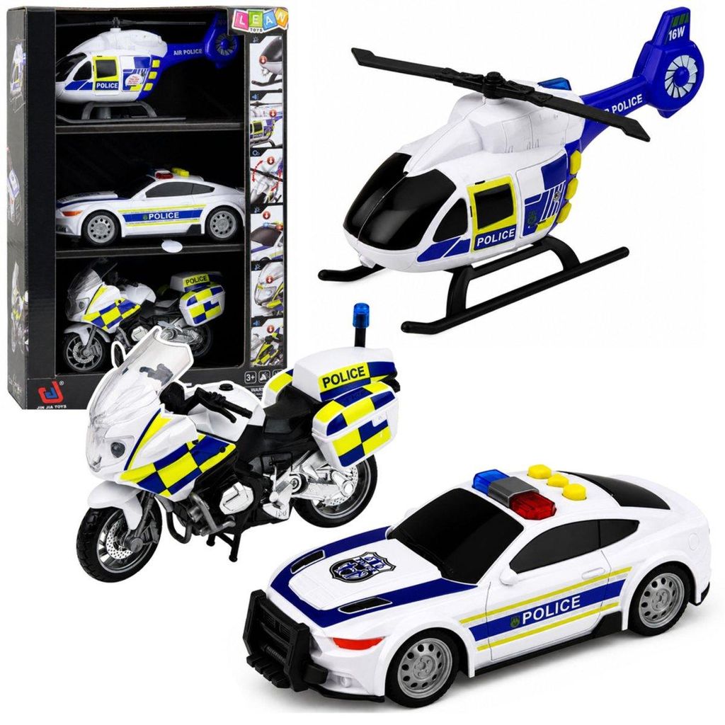 Polizei-Set: Hubschrauber, Motorrad, Streifenwagen – mit Produktbild 