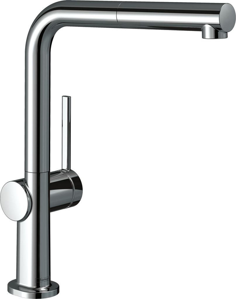 A studio shot of a chrome kitchen faucet against a white background.