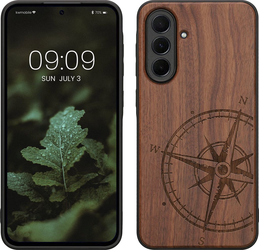 kwmobile Hülle kompatibel mit Samsung Galaxy A36 5G Hülle - Holz Case - Handy Cover - TPU Handyhülle in Dunkelbraun Kompass Vintage