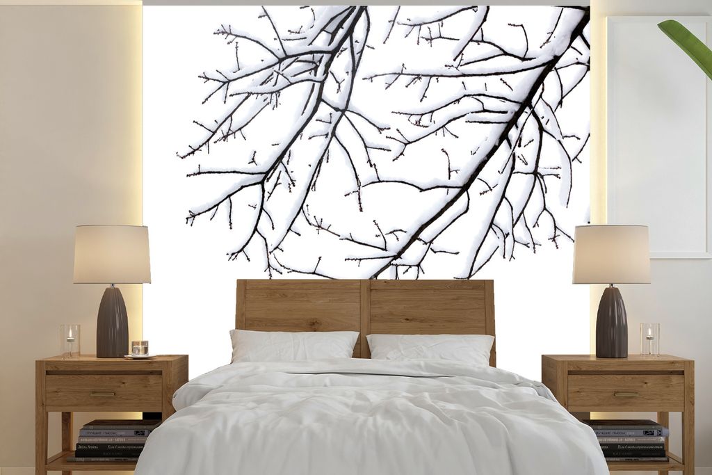 MuchoWow Fototapete für Wohnzimmer oder Schlafzimmer Wandtapete Vinyl Motivtapete Zweige mit Schnee - 260x260 cm - Papiertapeten