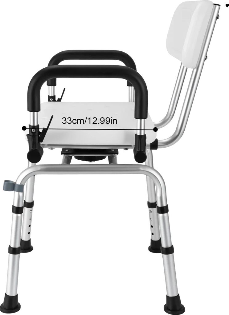 A side view of a white and silver shower chair with armrests and a backrest.