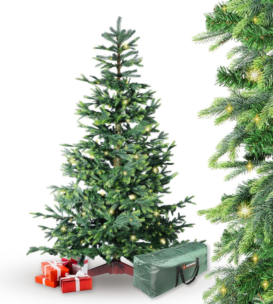 Künstlicher Weihnachtsbaum BonTree Fichte 210 cm mit Beleuchtung 330 LED warmweiß Komfort-Set Christbaum mit Holzständer und Aufbewahrungstasche
