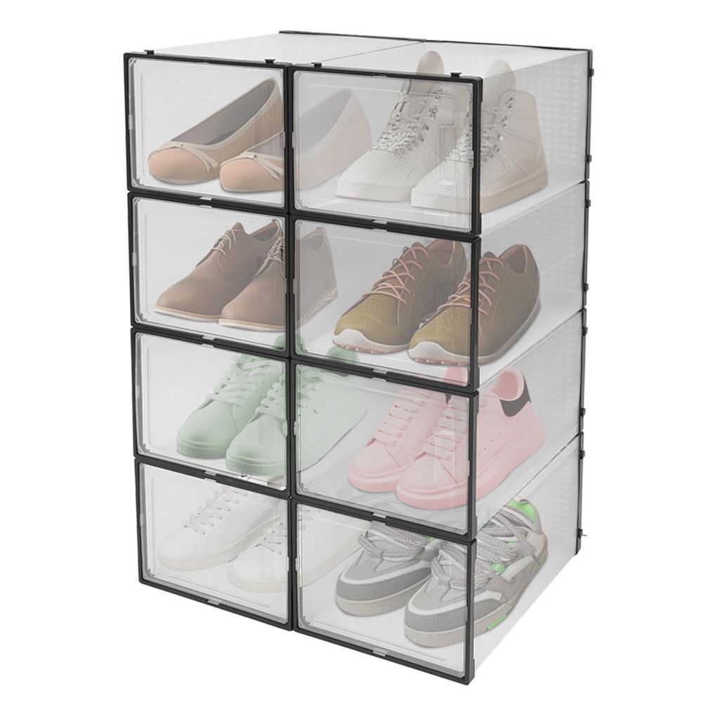 8 Stück Schuhablageboxen stapelbar transparent Set Kunststoff Schublade Schuhaufbewahrung Box Schuhkarton (Schwarz)