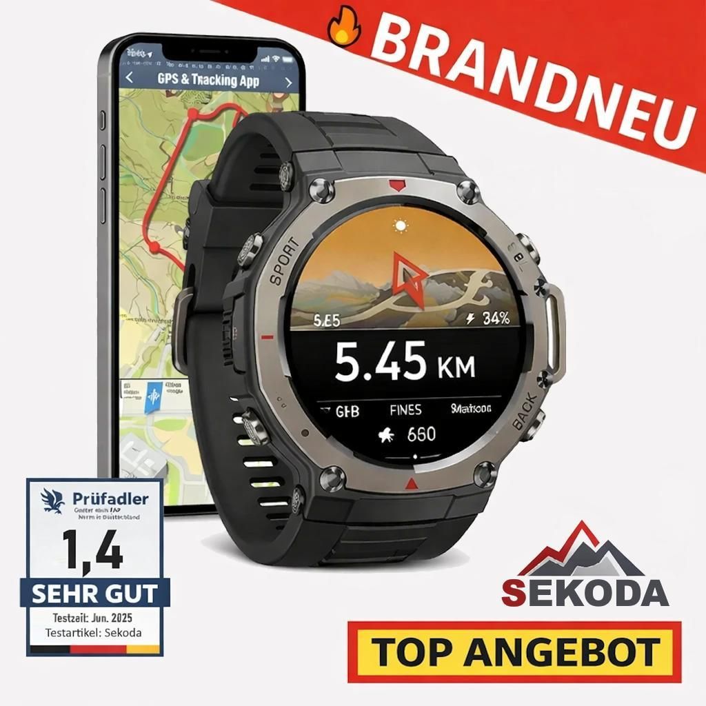 Sekoda GPS Sport Fitness Smartwatch für Herren & Damen | GPS & Tracking App: Schwarz