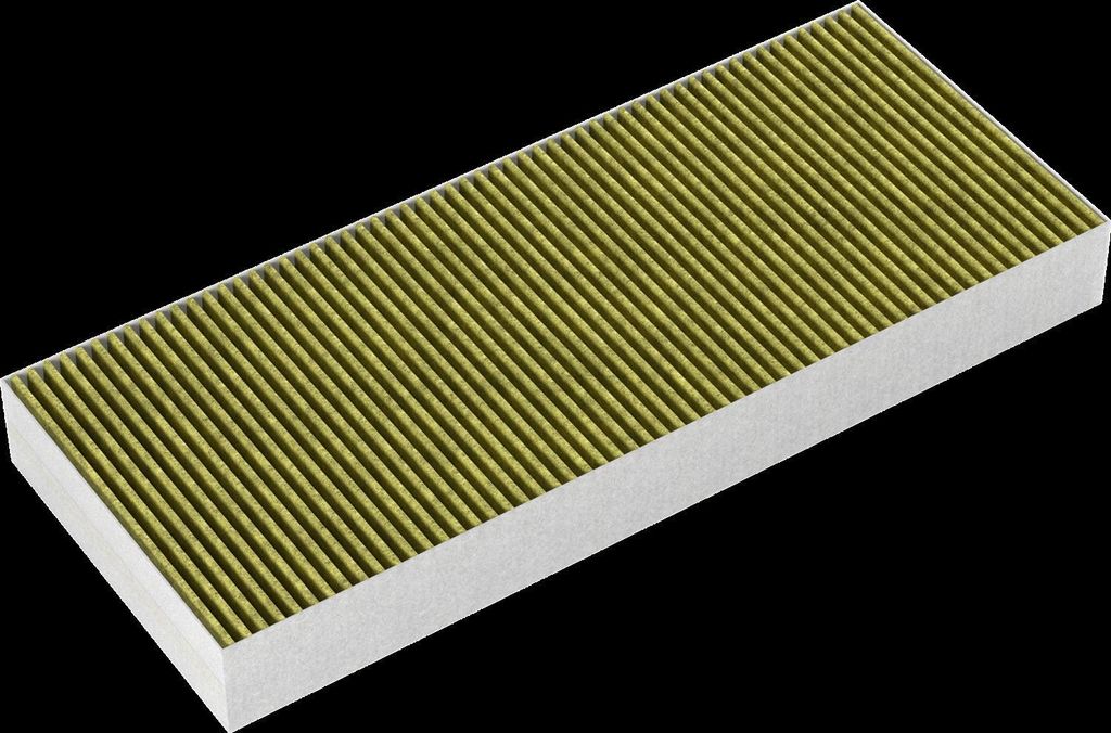 A product shot of a car cabin air filter against a black background.