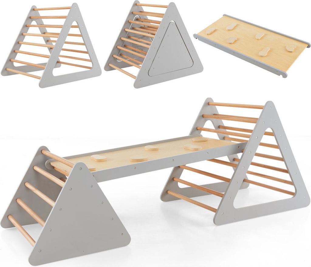 A collage of images showing a children's climbing triangle set with a slide and ramp, presented in different configurations.