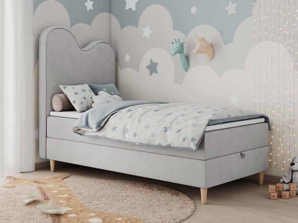 Boxspringbett, Einzelbett für Kinder, Jugendbett mit Matratze - FLOW - 90x160cm - Hellgrau - H3