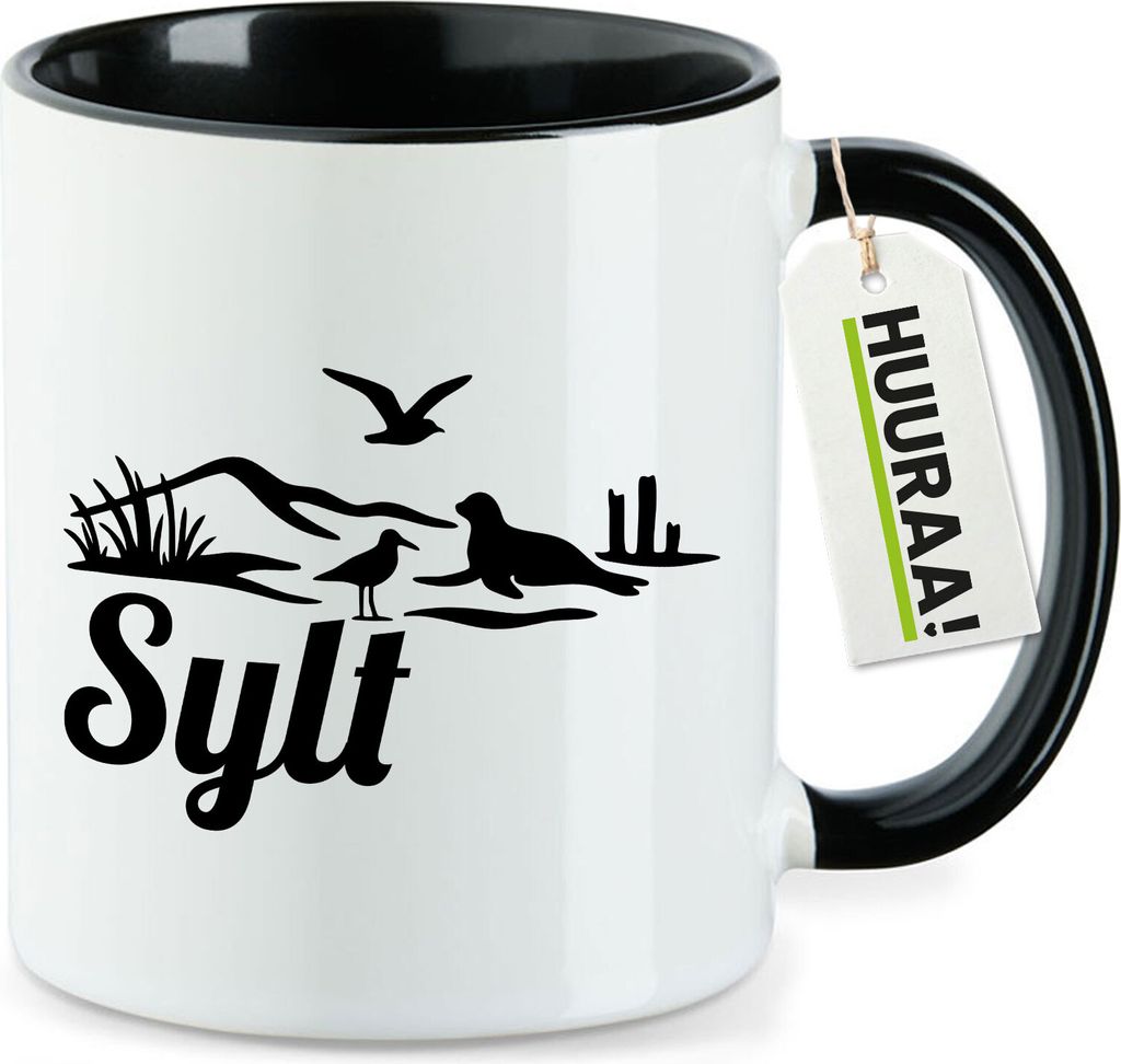 Huuraa Kaffeetasse Sylt Strandmotiv 330ml Schwarz Keramik Kaffeebecher Geschenkidee
