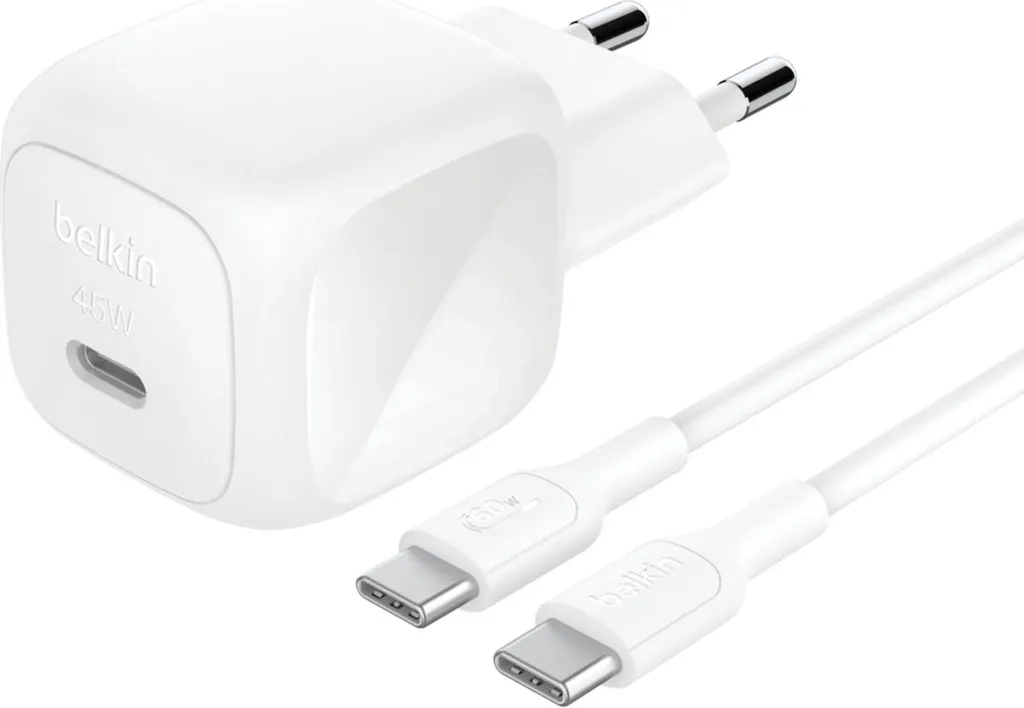 Chargeur USB-C 45W Belkin pour iPhone et Samsung, câble 1m blanc