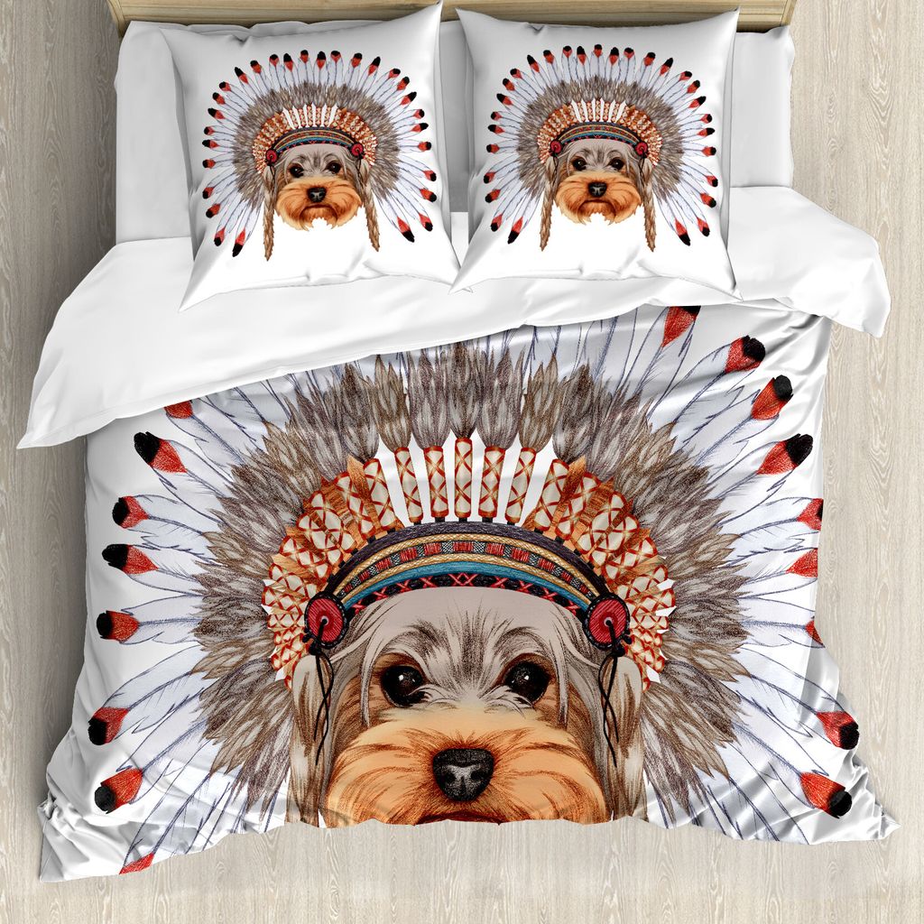 ABAKUHAUS Yorkie Bettbezug, Bonnet Tragen Hund, Milbensicher Allergiker geeignet mit Kissenbezügen, 155 cm x 220 cm - 80 x 80 cm, Mehrfarbig