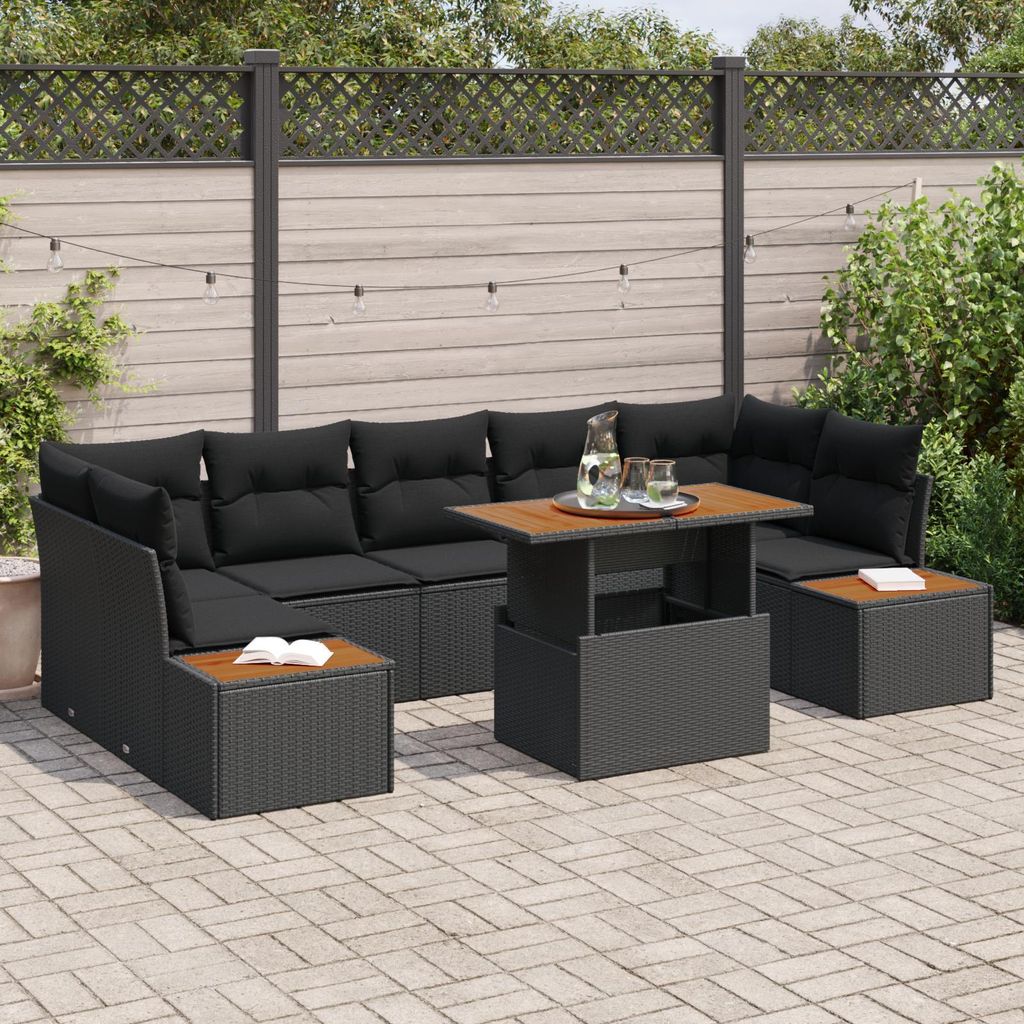 8-teiliges Garten Esszimmer Set mit Kissen Schwarz Poly Rattan Akazie, Design Gartensofas Neu