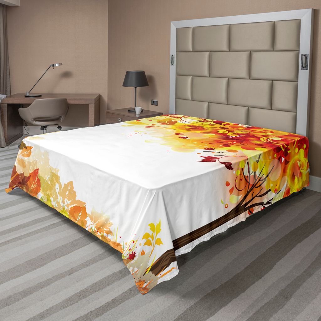 ABAKUHAUS Herbst Bettlaken, Kreative Herbstsaison Botanische Komposition mit Bäume Blätter und Punkte, weiches bequemes oberes Bettlaken für ein...