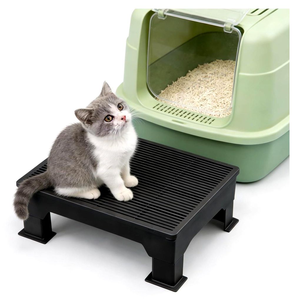 Katzentoilette mit Höhenverstellbarer Stufenrampe, 41 × 31 × 16 cm, Auffangbehälter mit Filterfunktion für kleine, ältere Katzen