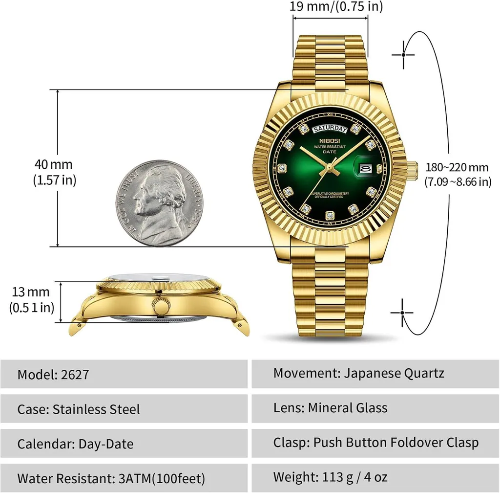NIBOSI Orologio Da Uomo Analogico Lusso | Quadrante Verde Con Diamanti E Numeri Romani | Impermeabile 3 ATM - 5