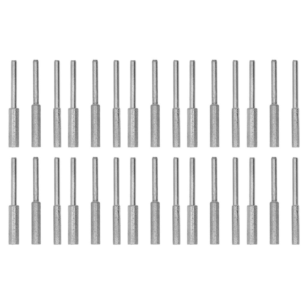 A set of 30 chainsaw sharpening stones arranged in two rows on a white background.