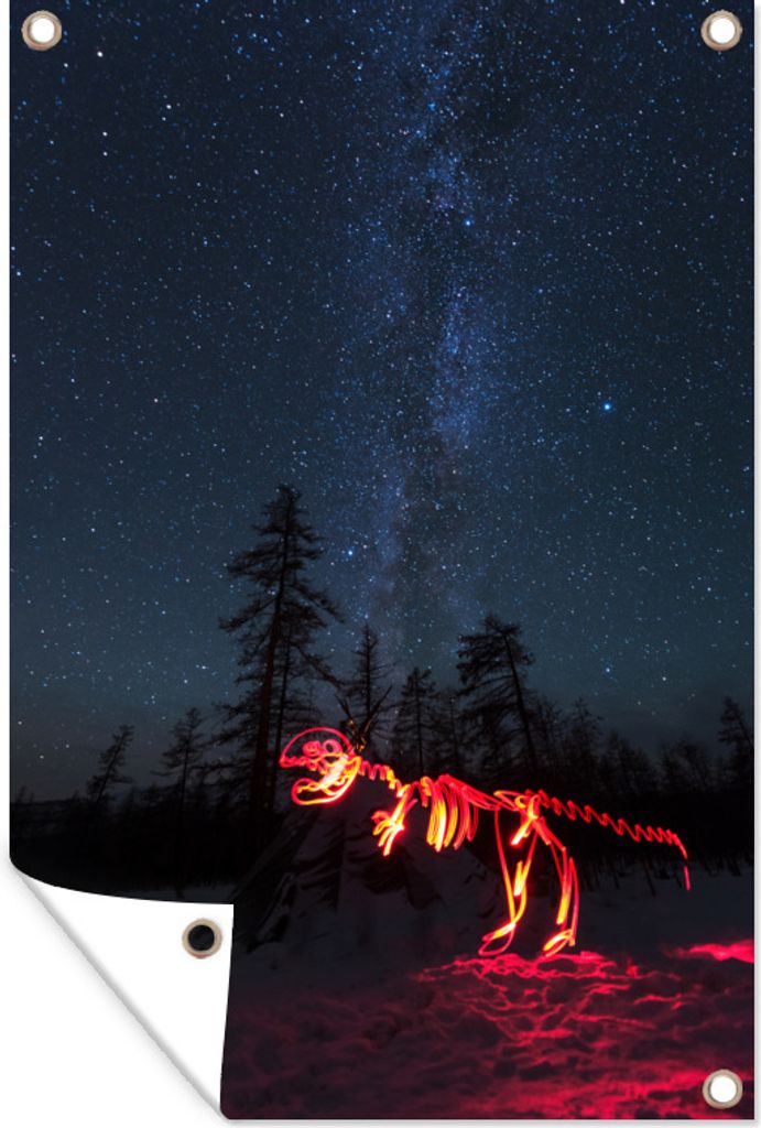 MuchoWow 80x120 cm Outdoor-Poster Gartendeko Sichtschutz Garten Poster für den Garten Dinosaurier im roten Licht am Nordpol