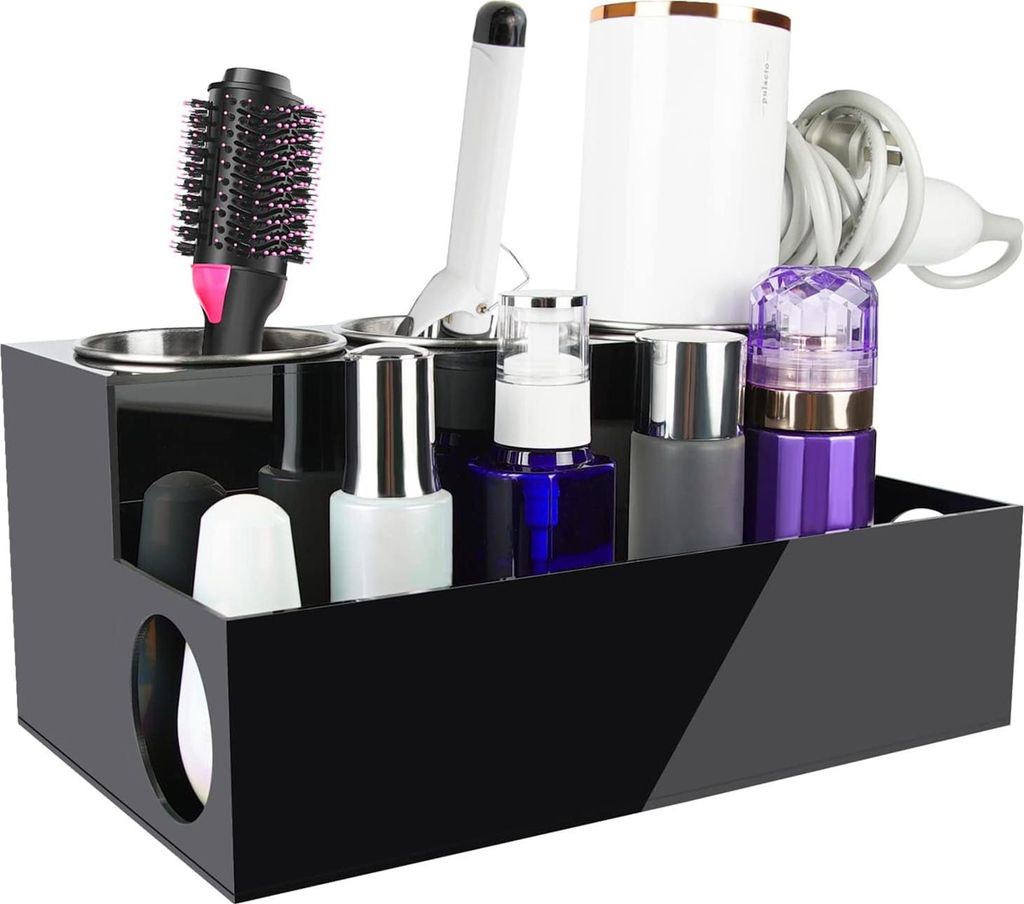 Haargereedschaft-Organizer aus transparentem Acryl - Föhnständer zur Aufbewahrung von Make-up im Badezimmer mit 3 Bechern