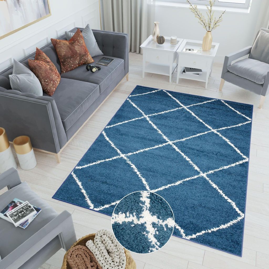 Teppich Wohnzimmer Schlafzimmer Shaggy Hochflor Langflor Creme Blau 80 x 150 cm