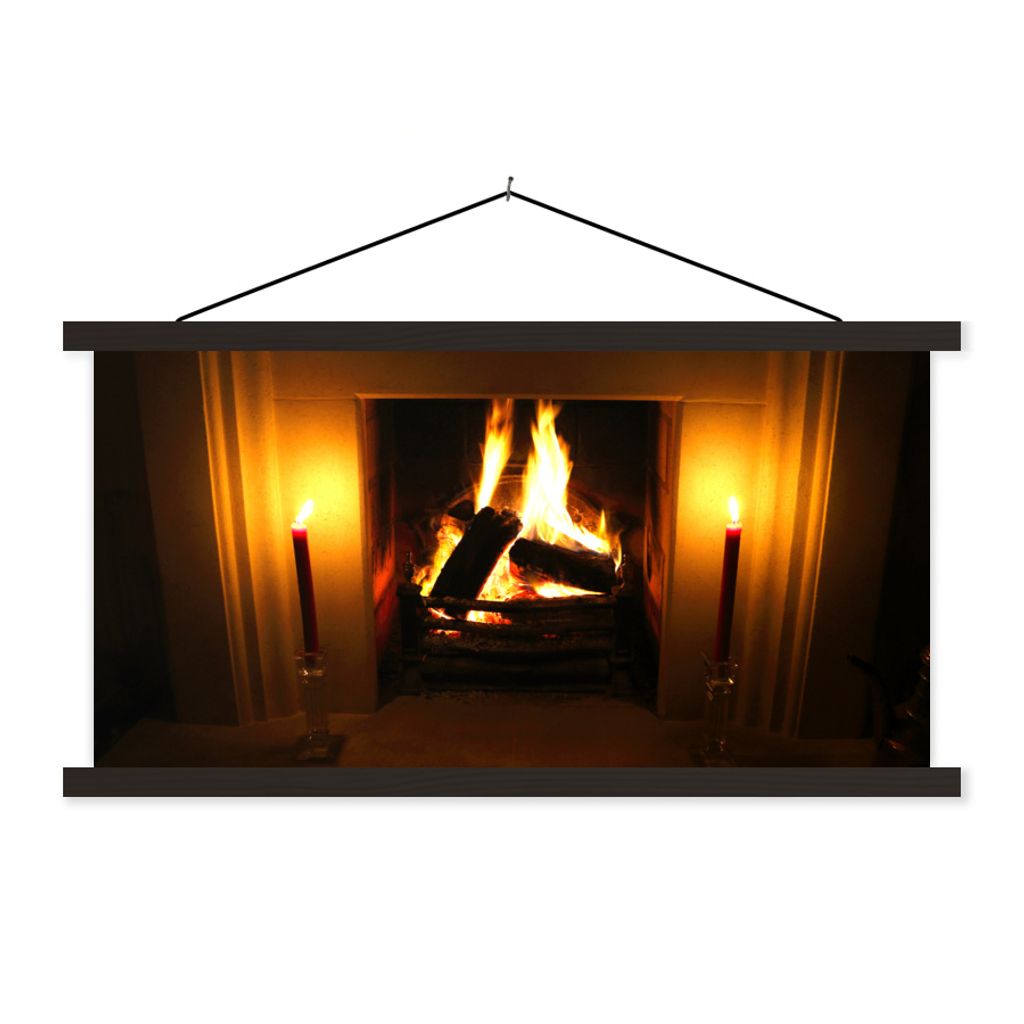 MuchoWow Textilposter Kamin in einem dunklen Raum 150x75 cm mit schwarzem Rahmen - Posterleiste