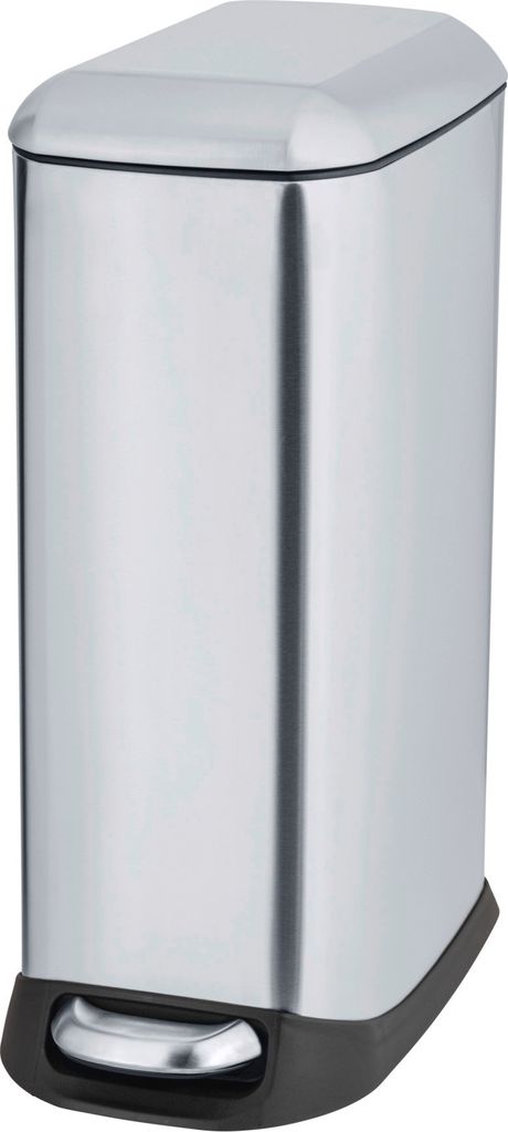 A stainless steel trash can with a foot pedal.