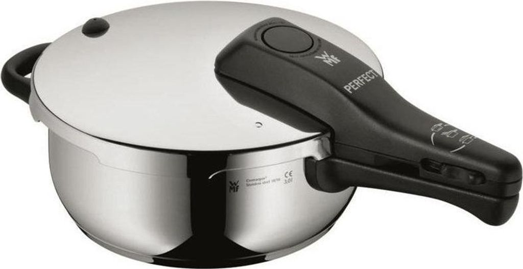 A close-up shot of a pressure cooker on a white background.