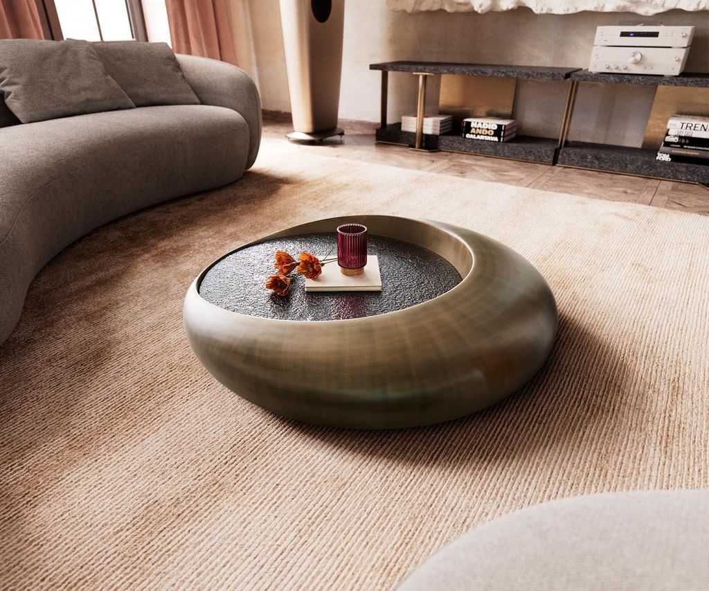 DELIFE Couchtisch Blaise 100x100 cm Metallic Gold mit Reliefglas Taupe