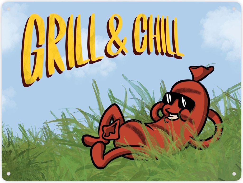 Metallschild XXL in 28x38 cm Sommer Motiv - Bratwurst am Sonnenbaden mit Spruch