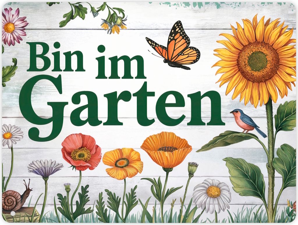 Bin im Garten Metallschild XL in 21x28 cm mit Schmetterling Produktbild 