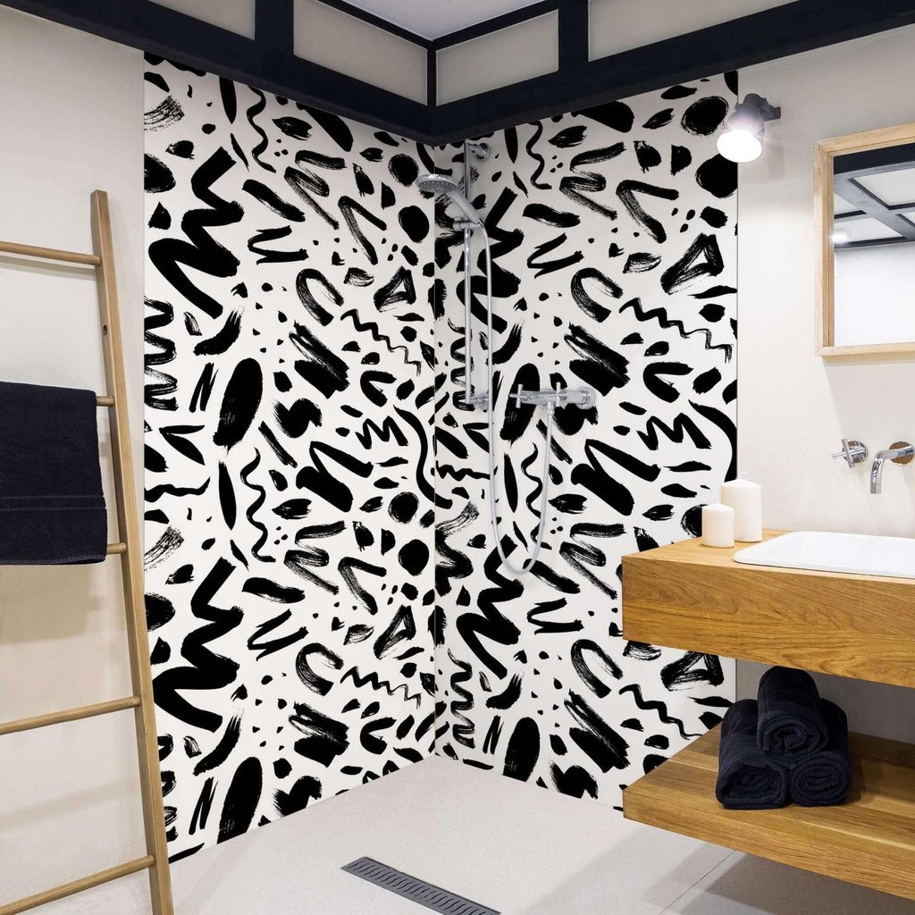 Duschrückwand Muster selbstklebend - 0.35 mm Wandpaneel wasserfest Design schwarz weiss Badrückwand fugenlos Smart matt 90x200 cm